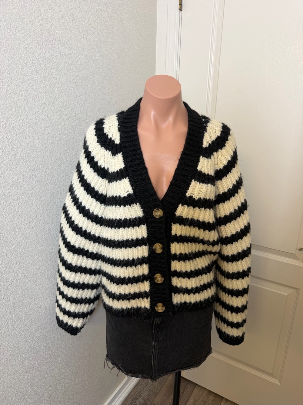 Zara Black and White Chunky Knit Striped Mohair-Blend Button Cardigan